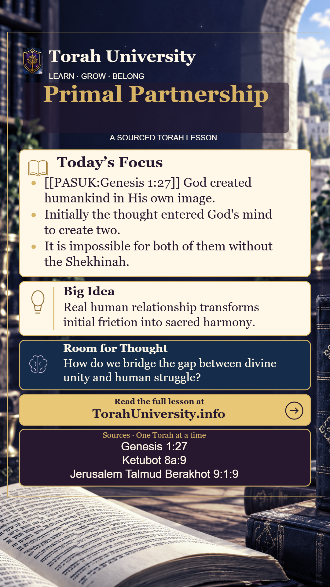 Primal Partnership, a sourced Torah University lesson