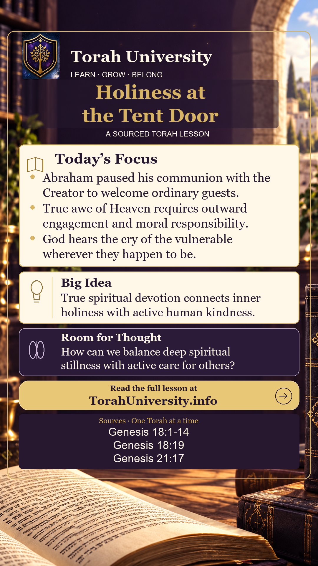 Holiness at the Tent Door, a sourced Torah University lesson