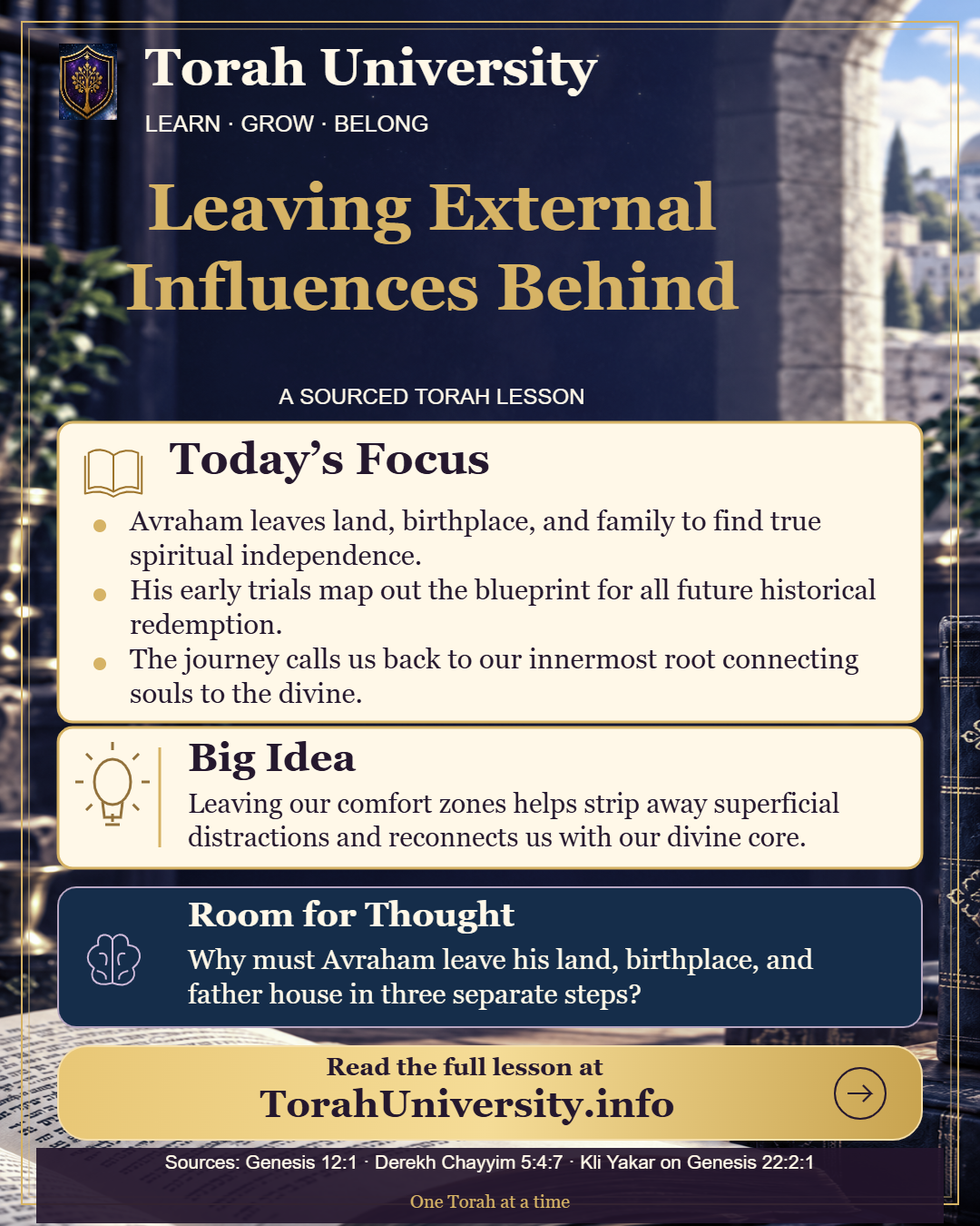 Leaving External Influences Behind, a sourced Torah University lesson