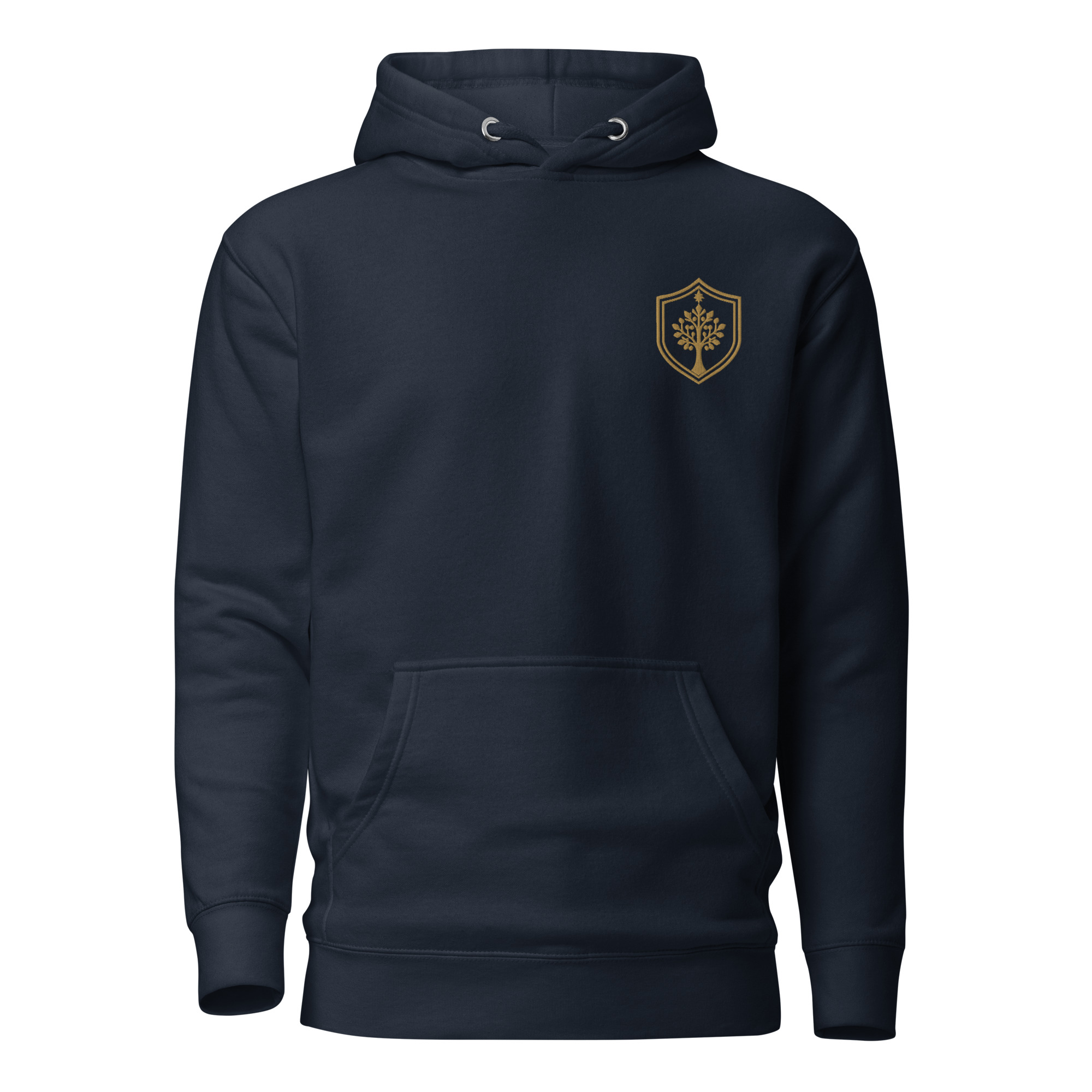 Printful mockup of navy TU hoodie with gold tree-and-shield crest